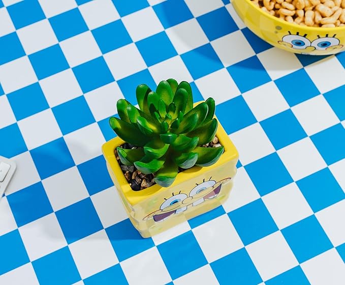 Silver Buffalo Nickelodeon Spongebob Squarepants Face 3-Inch Ceramic Mini Planter with Artificial Succulent | Flower Pot, Faux Indoor Plants