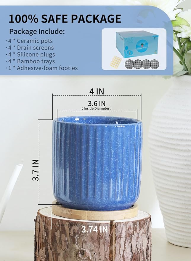 TAMAYKIM 4 Inch Cylinder Ceramic Plant Pots with Drainage Holes & Saucers, Glazed Small Boho Planters with Trays for Indoor Flower, Snake Plants, Succulent, Cactus, Blue, Set of 4