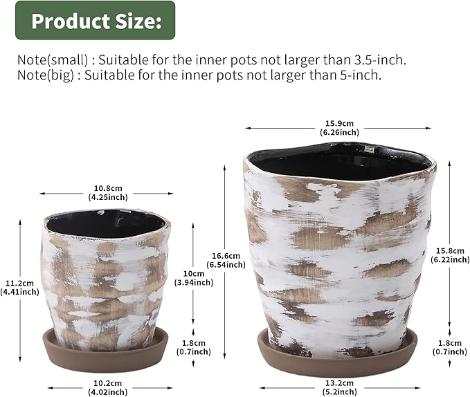Modern Irregular Ceramic Planter Set of 2-4+6 Inch Unique Reactive Glaze Flower Pots with Drainage Holes & Saucers - Indoor Outdoor Decorative Succulent Orchid Pots, Light Brown