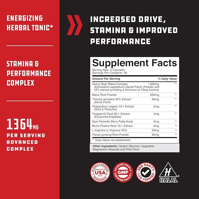 Extra Strength Testosterone Booster for Men - Natural Supplement for Men with Horny Goat Weed Maca Root Tongkat Ali and Saw Palmetto Extract for Muscle Enlargement Stamina and Strength - 60 Count