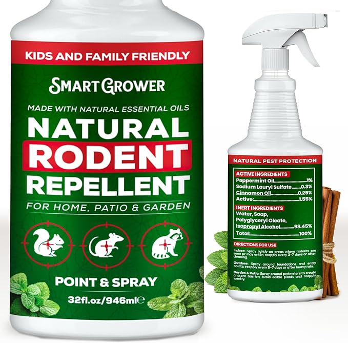 Smart Grower Peppermint Oil Spray for Rodents – Maximum Strength Ready to Use Peppermint Spray for Rodent, Mice, Squirrels – Indoor, Outdoor & Car Engine Protection – 32 oz