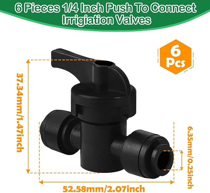 1/4 Inch Drip Irrigation Shut Off Valve Fittings, 6 Pieces Push-to-fit Micro Shutoff Valve Connectors for 1/4" Irrigation Tubing Leak Free Drip Line On Off Switch Parts Regulate Water Flow