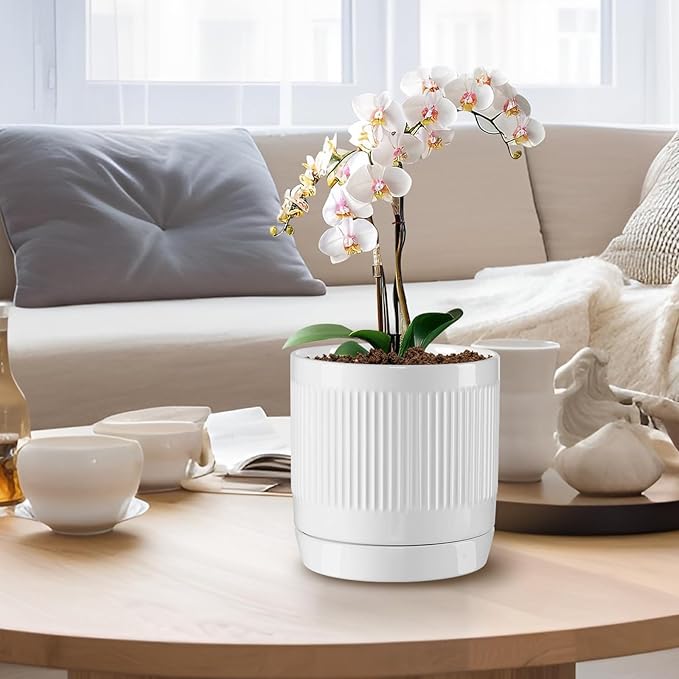 Vanavazon 6 Inch Glazed Ceramic Plant Pots with Drainage Hole and Saucer, Cylinder Indoor Planters for All House Plants, Modern Decor for Home & Office, Set of 2 (White)