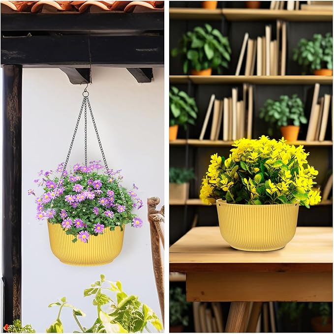 RooTrimmer Hanging Planters 9/10/11 Inch for Indoor Plants, 3 Pack Plant Hanger Outdoor with Drainage Holes, Self Watering Hanging Basket Flower Pot for Garden Home Decor, Yellow