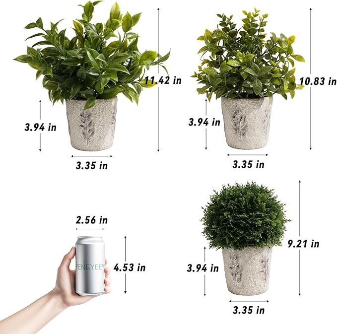 3 Pack Small Fake Plants in Farmhouse Concrete Planter, Artificial Plants Indoor for Home Decor, Small Faux Plants Indoor for House Bathroom Office Shelf Desk Kitchen Table Room Decor