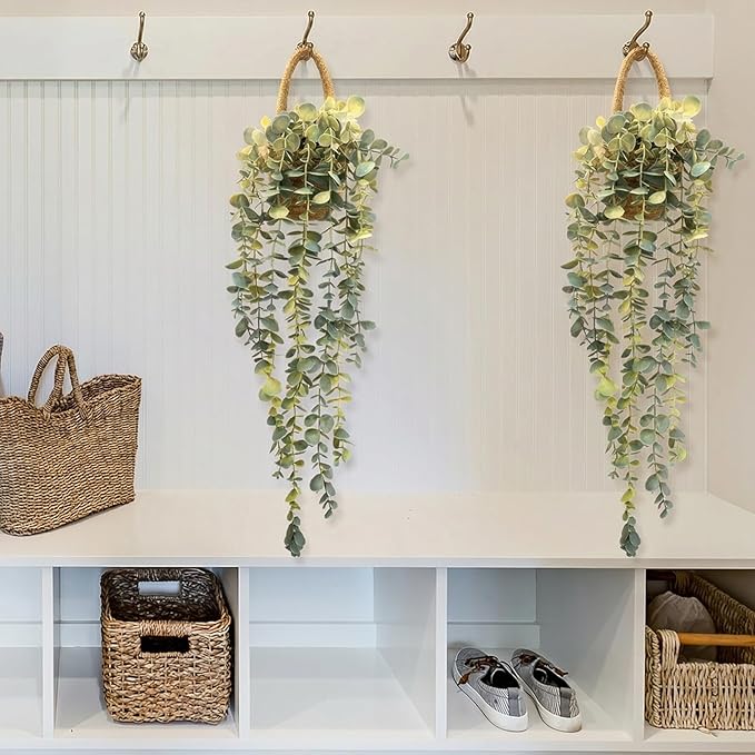 Fake Hanging Plant Decor Indoor, Eucalyptus Artificial Faux Plants in Wall Woven Planters, Jute Hanger with Black Pot Soft Green 2PCS 23Inch Long