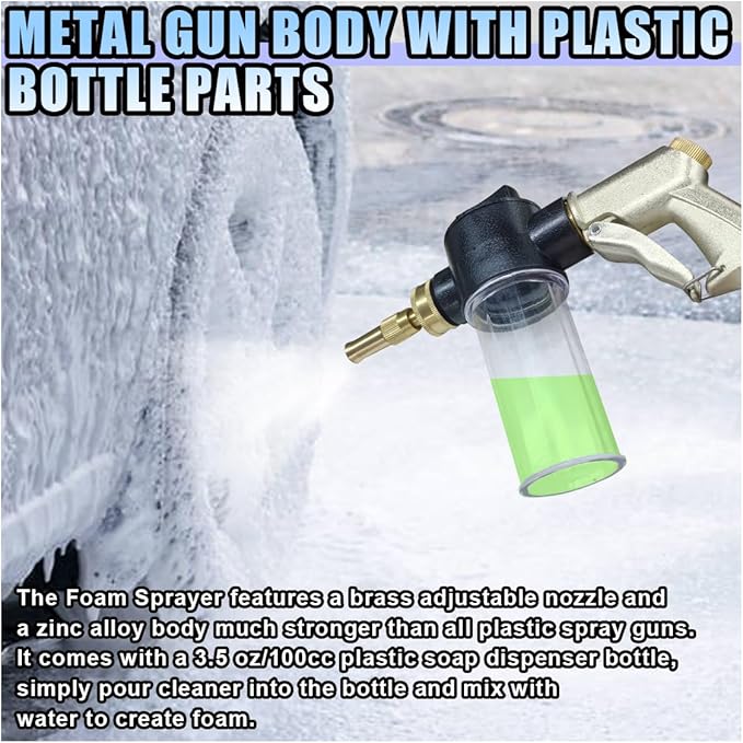 Car Wash Foam Gun Sprayer, Adjustable Metal High-Pressure Spray Hose Nozzle with 3.5oz/100cc Plastic Soap Dispenser Bottle, Fit Car Washing, Watering Plants, Floor Cleaning (Silvery)