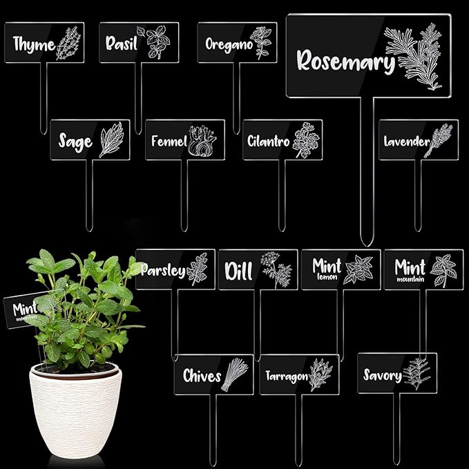Bucherry 15 Pcs Acrylic Plant Label Signs, Clear Herb Markers T Type with Printed Herb Name Waterproof Plant Marker Stakes for Indoor Outdoor Seed Flowerpot Potted(Acrylic)