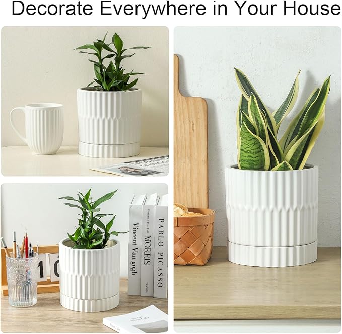 HASENSE Plant Pots - 8+6+4.6 Inch White Vertical Textured Ceramic Planters Set of 3 with Drainage Hole, Decorative Flower Pots for Indoor Plants, Herbs, Succulents, Home Office Desktop Garden Decor