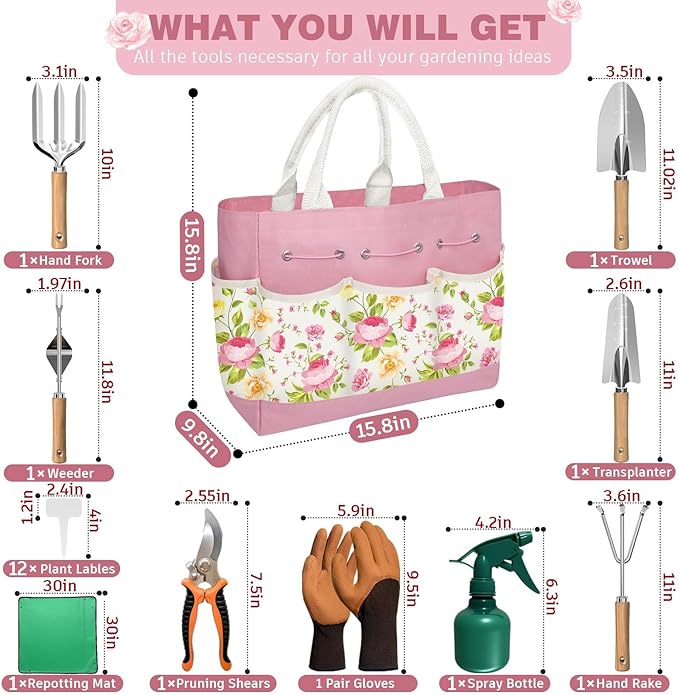 22PCS Garden Tools Set for Women, for Mom Beginner,Heavy Duty Hand Tool Kit Gardening Supplies Included Handy Tote Bag/Trowel/Repotting Mat/Rake/Pruner/Gloves/Plant Tags -Pink