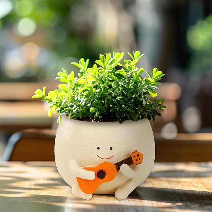Face Planter Pot Funny Smiley Head Plant Pots with Drainage Hole for Indoor Plants, Cute Guitar Succulent Flower Pot, Unique Gifts on Birthday, Christmas