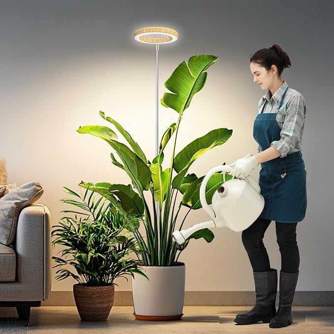 Kullsinss Grow Lights for Indoor Plants, Full Spectrum Plant Lights for Indoor Growing with 6/12/16H Timer, 3 Color Modes, 5 Brightness, 10"-65" Height Adjustable Wood Grain Plant Growing Lamp