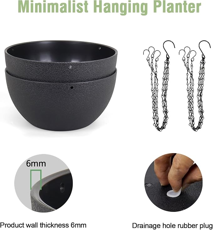 Meowell 10 inch Hanging Planters for Indoor Outdoor Plants, 2 Pack Hanging Flower Pots with Drainage Holes and Chain for Garden Porch, Round Plastic Hanging Baskets for House Plants, Black