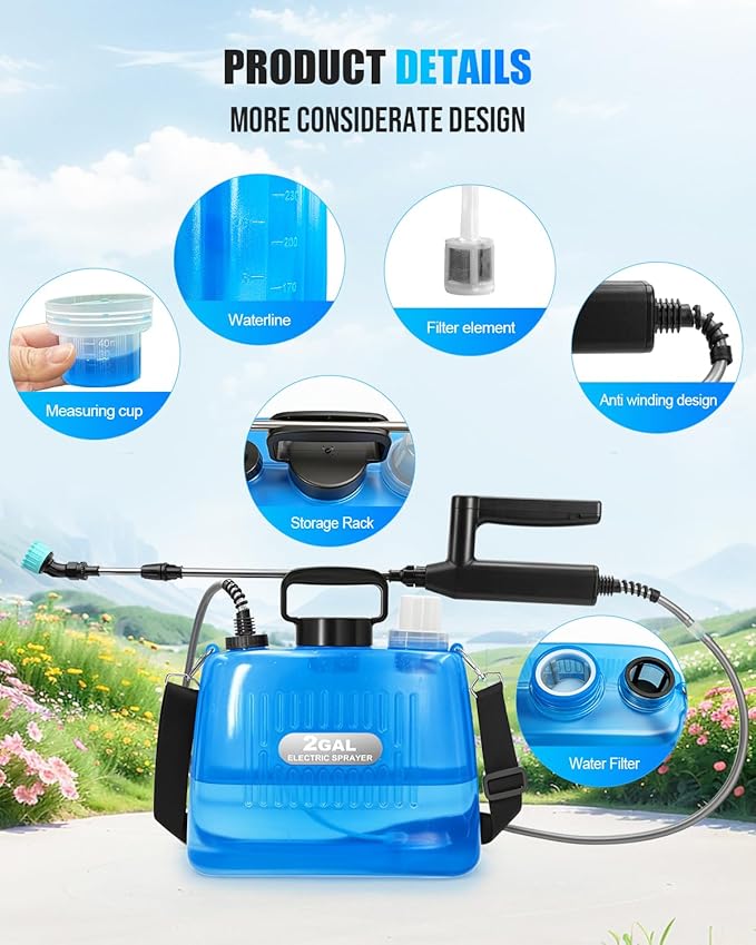 Battery Powered Sprayer 2 Gallon, Electric Weed Sprayer with 3 Adjustable Pressure Levels, 4 Nozzles & Extendable Wand, Rechargeable Garden Sprayer for Yard, Lawn, Plants & Fertilizer