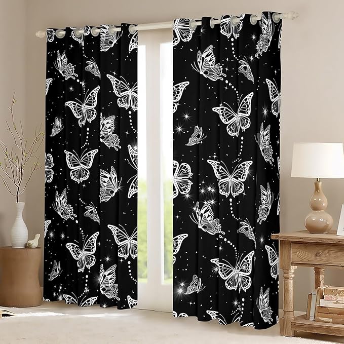 White Butterflies Curtains & Drapes,Moth Wildlife Wild Animal Window Curtains,Butterfly Rustic Animals Blackout Curtains 2 Panels 42"Wx90"L,Starry Sky Galaxy Glitter Window Treatments Black