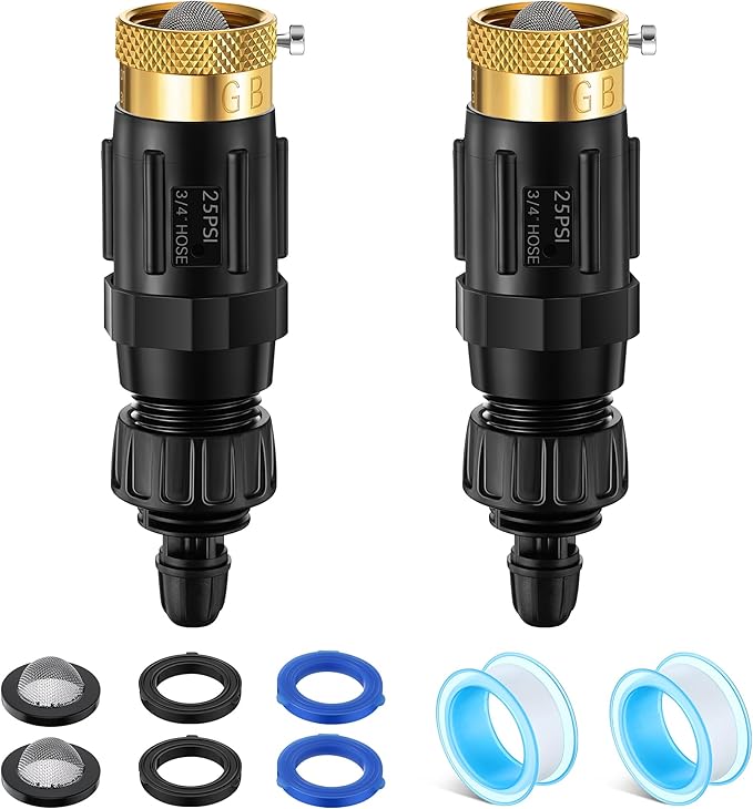 Drip Irrigation Faucet Adapter 25 PSI, 1/4" Tubing Quick Connect to 3/4" Garden Hose with Backflow Preventer, Filter, Tape, Pressure Regulator, Copper Drip Irrigation System Fittings (2 Pack)