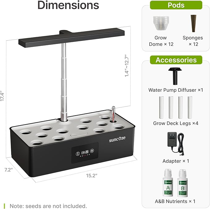 SUNCOZE Hydroponics Growing System Kit with 24W Dimmable Grow Light, 12 Pods Indoor Herb Garden with Timer & Local Time Setting, Adjustable Height, Smart Countertop Garden for Home & Kitchen, Black