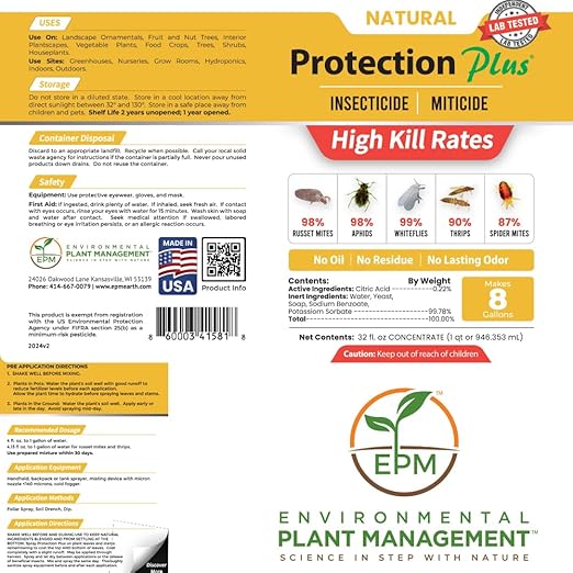 Environmental Plant Management Protection Plus Concentrate | Oil-Free Contact Insecticide for Plants | Kills Aphids, Whiteflies, Spider Mites & Other Soft-Bodied Pests | Natural | Indoor & Outdoor Use