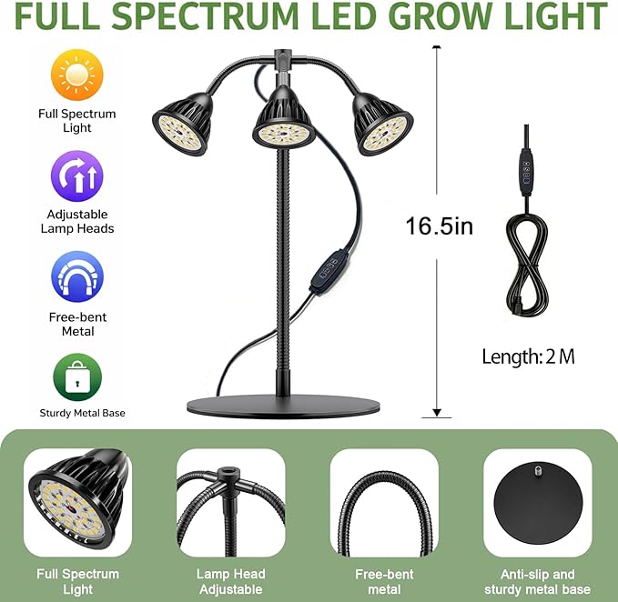 QCQHDU Grow Lights for Indoor Plants Full Spectrum,81 LED Triple-Bulb Plant Growing for Seed Starting Lamp with 3/9/12H Timer,Adjustable Gooseneck with Base,3 Switch Modes