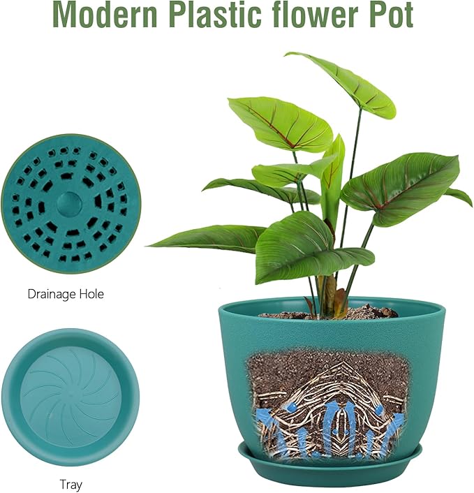 Meowell Plant Pots 12 inch, Plastic Planters with Drainage Holes and Saucers, Large Flower Pots for Indoor Outdoor Plants, Modern Decorative Pots for Garden House Plants, Blue Green