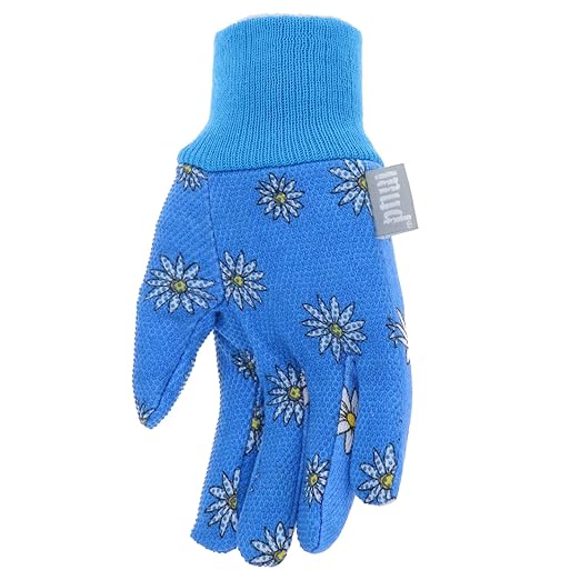 MUD Basic Women's PVC Dotted Palm And Daisy Printed Jersey Garden Glove, Extreme Comfort, Excellent Grip, Durable Wear, Blue, Medium/Large (M61001B-WML),MD61001B-WML (Pack of 3)