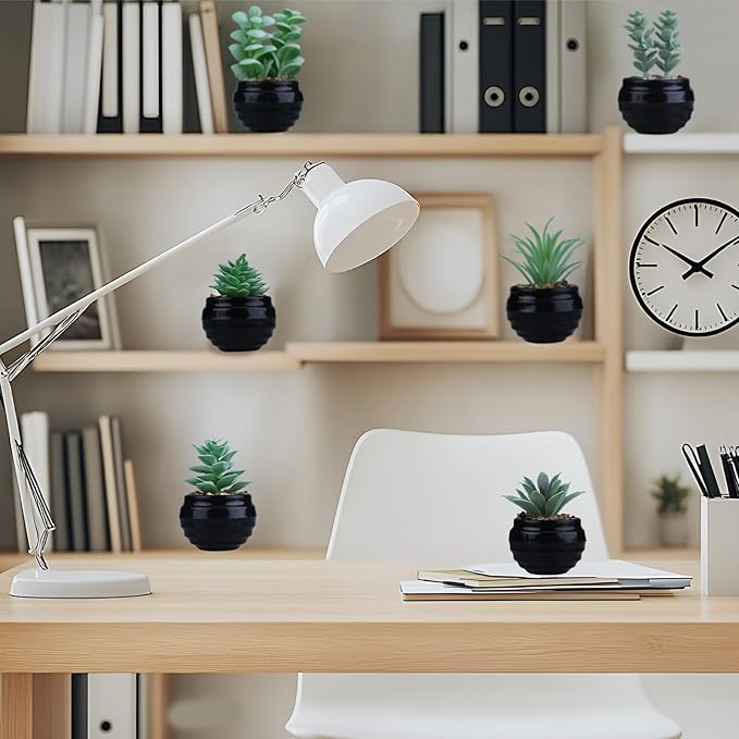 GREENTIME 6 Pcs Green Artificial Succulent Plants in Black Plastic Pots Mini Faux Succulent Plants Indoor Room Decor Aesthetic Bedroom Shelf Desk Bathroom Office Table Home Decoration