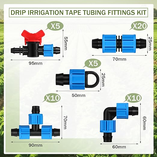 Tondiamo 50 Pcs Garden 5/8" Drip Irrigation Tape Tubing Fittings Kit Include Connector, Tee Coupling, Elbows, End Cap, On/Off Valve Barb for Most 16-17 mm Tubing Irrigation System(Blue)