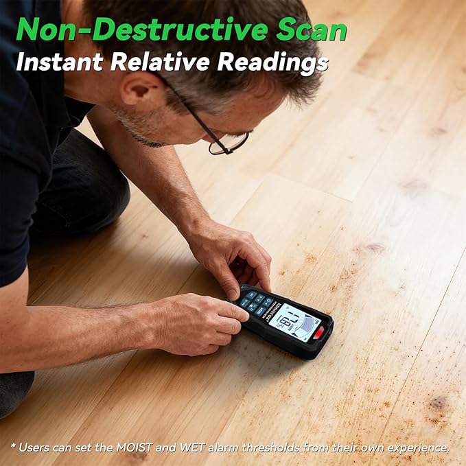 Pinless & Pin-Type Moisture Meter for Wood, Drywall & Concrete – Digital Moisture Tester Audible Alarm & HOLD Function – Ideal for Firewood, Lumber, Home Inspections