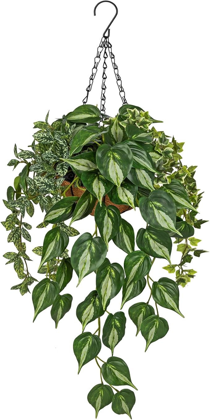 Fake Hanging Plant with Pot, Large Hanging Artificial Plants with Basket & Hanger Faux Greenery Plants Indoor Outdoor Decor Fake Pothos Plant in Pot for Wall Balcony Patio Office Bathroom Shelf