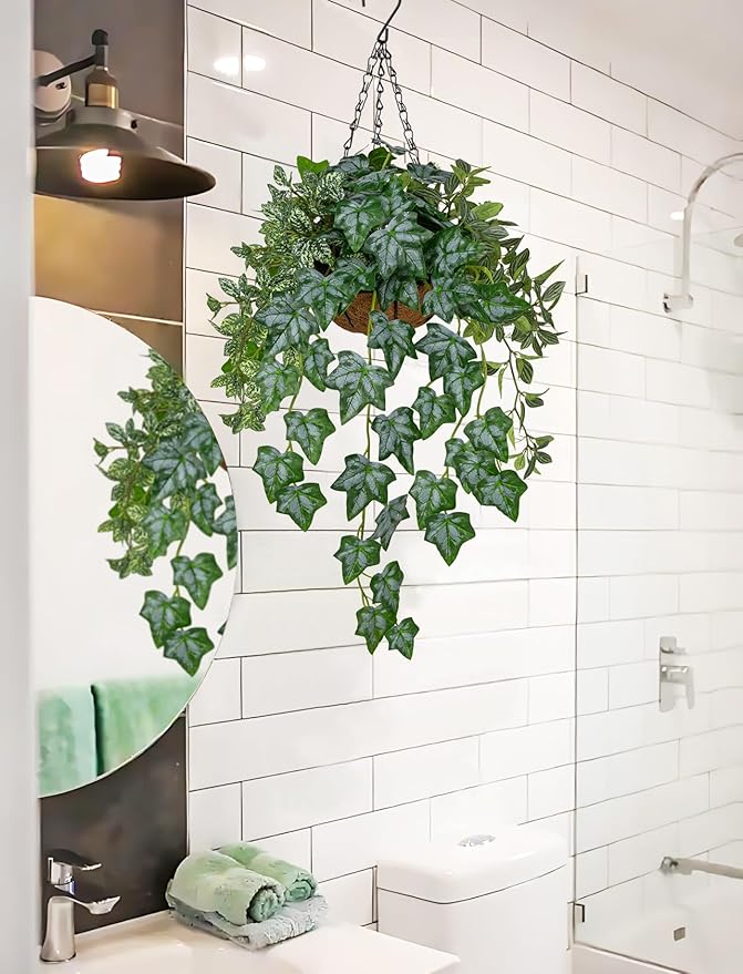 Fake Hanging Plant with Pot, Large Hanging Artificial Plants with Basket & Hanger Faux Greenery Plants Indoor Outdoor Decor Fake Ivy Vine Plant in Pot for Wall Balcony Patio Office Bathroom Shelf