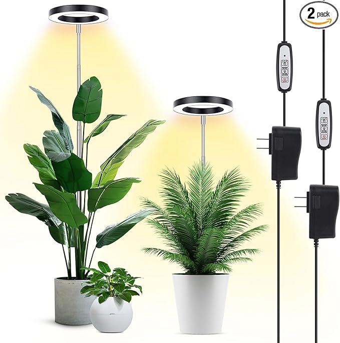 LBW Plant Grow Light, 72 LEDs Full Spectrum Grow Lights for Indoor Plants, Plant Lamp with 4 Dimmable Levels, 4/8/12H Timer, 10.4”-59”Height Adjustable, Halo Plant Lamp for Tall Plants, Black, 2 Pack