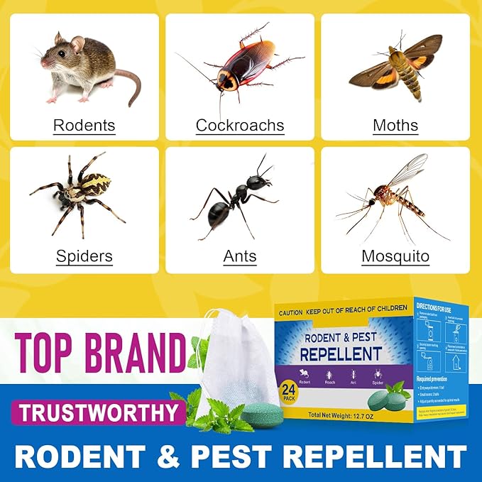Rodent Mouse Repellent Indoor Outdoor - Peppermint Oil to Repel Mice Mole and Rats, Bug Insect Spider Repellent Pouches, Pest Control Natural Deterrent Safe for Pets & Family 24 Packs
