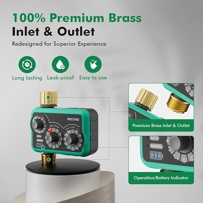 RESTMO 3-Dial Analog Sprinkler Timer with Brass Inlet & Outlet, Mechnical Water Timer for Garden Hose with Manual/Rain Delay, Automatic Drip Irrigation System, 480 Minutes Max Watering, Easy to Set Up