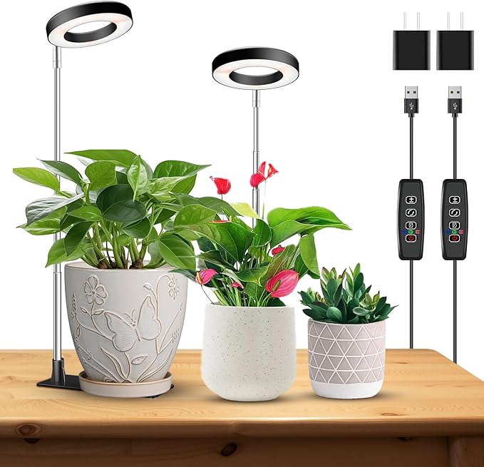 Kullinss Grow Light, 48 LEDs Full Spectrum Plant Lights for Indoor Growing, Halo Plant Light with 3/9/12H Timer, 3 Color Modes, 10 Brightness, Height Adjustable Grow Lamp for Small Plants (2 Pack)