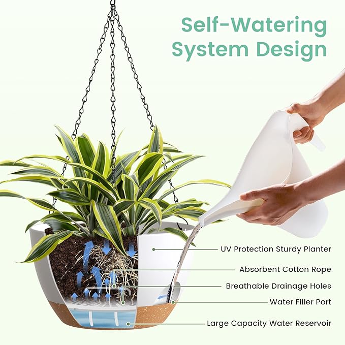 UOUZ 4 Pack 8 Inch Self Watering Hanging Planters for Indoor Outdoor Plants，Hanging Pots for Plants with Drainage Removable Tray, Hanging Baskets Flower Pots for Pothos Garden Porch White with Brown