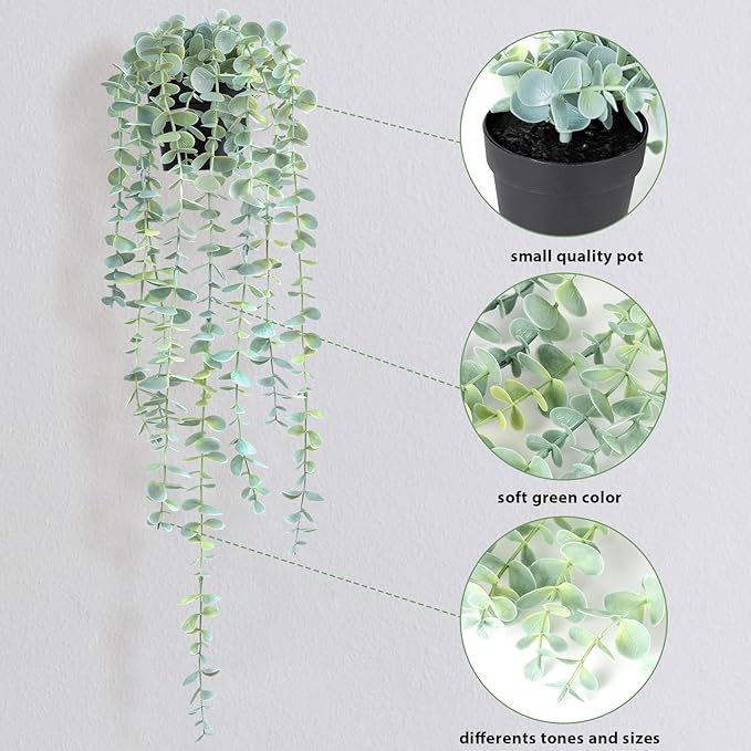 Fake Hanging Plant Eucalyptus Artificial Faux Plants Indoor Small Wall Greenery Decor for Shelf with Black Pot Soft Green 1PCS 23Inch Long