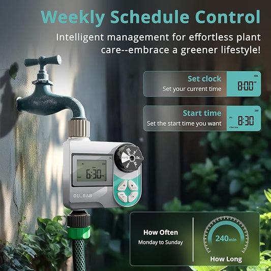 QUOBAS Sprinkler Timer, Weekly Programmable Water Hose Timer for Garden Hose Faucet with Waterproof HD Screen, Rain Delay/Manual/Automatic Irrigation Watering System for Garden, Lawn, Yard