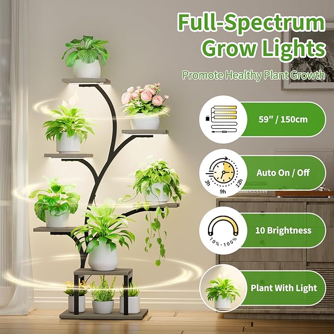 BACEKOLL Plant Stand Indoor with Grow Lights, 7 Tiered Indoor Plant Shelf, 49" Corner Plant Stands for Indoor Plants, Metal Plant Flower Display Shelf, Tree-Shaped Plant Rack for Home, Patio, Grey
