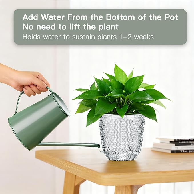 QCQHDU 2 Pack Self Watering Pots, 7.2 Inch Flower Pots with Drainage Holes and Water Filling Port, Garden Planter for Indoor Outdoor Plants (Clear)