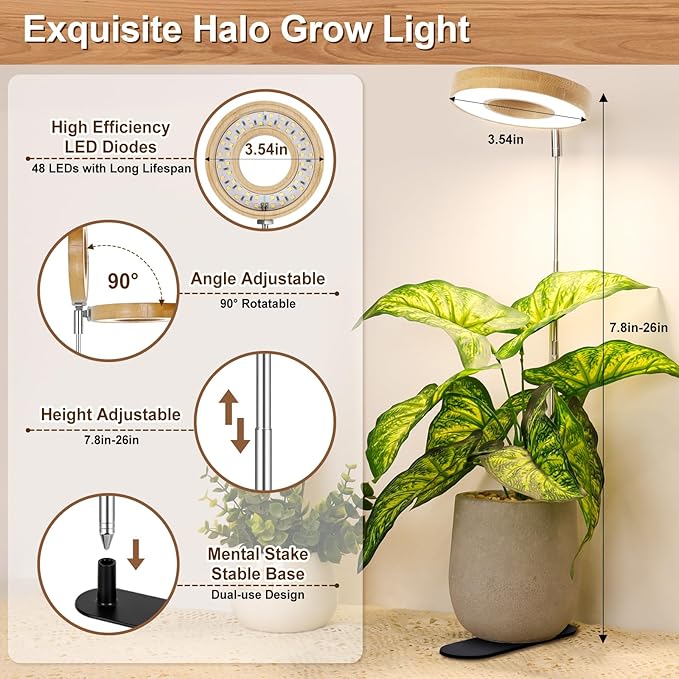 LORDEM Bamboo Base Desktop Grow Light, LED Plant Lamp with Full Spectrum, 4 Adjustable Brightness Levels, 4H/8H/12H Auto Timer for Indoor Plants Growing, Height Adjustable 7.8"-26", 1 Pack