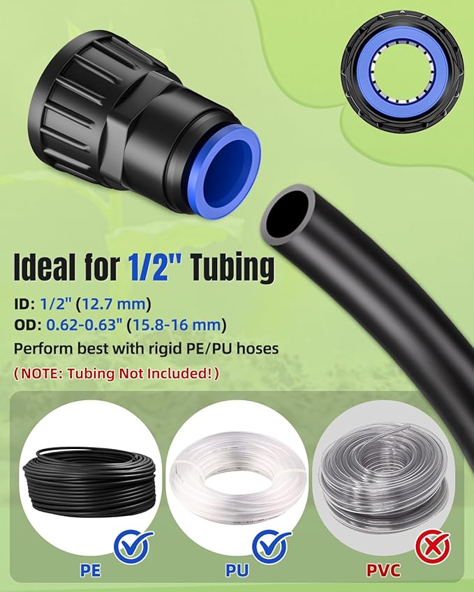 Pawfly 8 Pcs 3/4" to 1/2" Drip Irrigation Faucet Adapters, Quick Connect 3/4" FHT Faucet to 1/2" Tubing Connectors, Push-to-Fit Garden Hose Adapters, Anti-Leak Drip Irrigation Hose Connectors