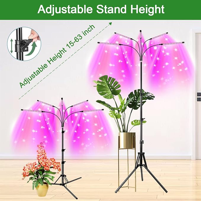 Garpsen Grow Light with Stand, 5 Heads Grow Lights for Indoor Plants, 100 LEDs Full Spectrum Led Plant Light for Seed Starting, with 15-63" Adjustable Tripod&6/12/16H Timer(No Clip)
