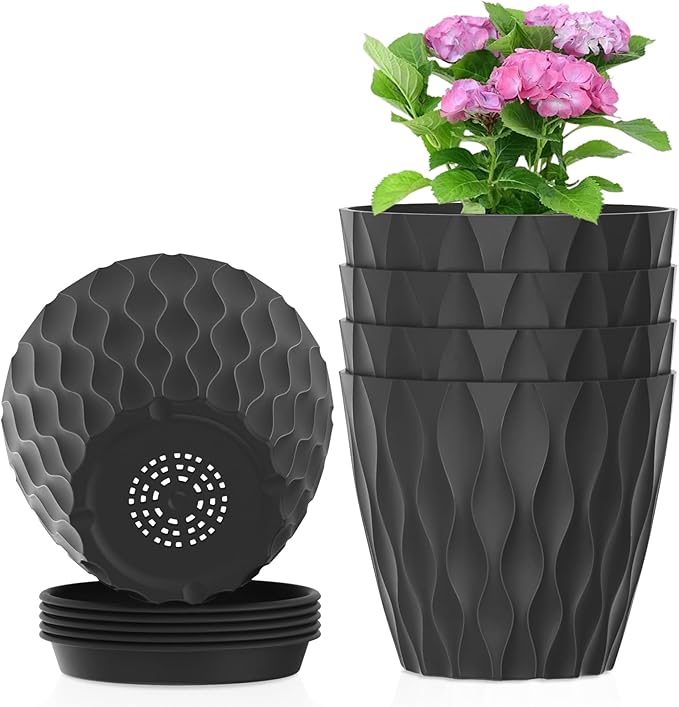 Meowell 6 inch Plant Pots, 5 Pack Flower Pots for Indoor Outdoor Plants, Water Ripples Plastic Planters with Drainage Holes and Saucers, Nursery Pots for Small Succulent Garden House Plants, Black