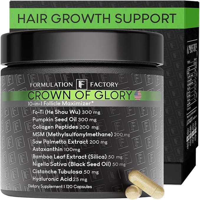 Formulation Factory Crown of Glory 10-in-1 Hair Growth Products - DHT Blocker for Men & Women with Pumpkin Seed Oil - Hair Vitamins for Faster Growth & Thickness - 120 Capsules, 2 Month Supply