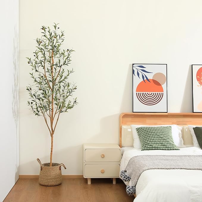 Kazeila Artificial Olive Tree 6FT Tall Faux Silk Plant for Home Office Decor Indoor Fake Potted Tree with Natural Wood Trunk and Lifelike Fruits, 2 Pack