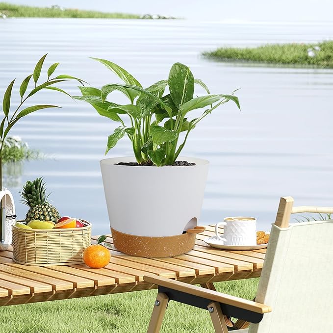 Meowell 12 inch Large Self Watering Pots for Indoor Outdoor Plants, Flower Plant Pots with Drainage Holes for Garden House Plants, Plastic Planters with Reservoir for Home, White with Brown