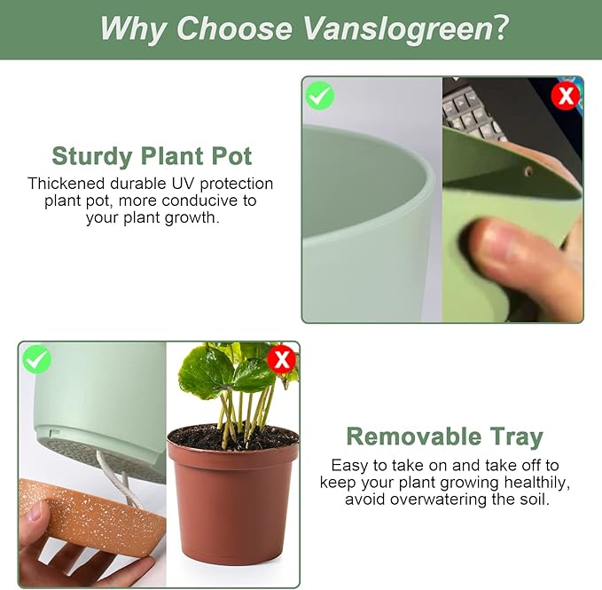Vanslogreen Planters for Indoor Plants, 10/9/8 Inch Self Watering Plant Pots with Drainage Hole, Plastic Planters Flower Pots for Indoor Outdoor Plants (Green)