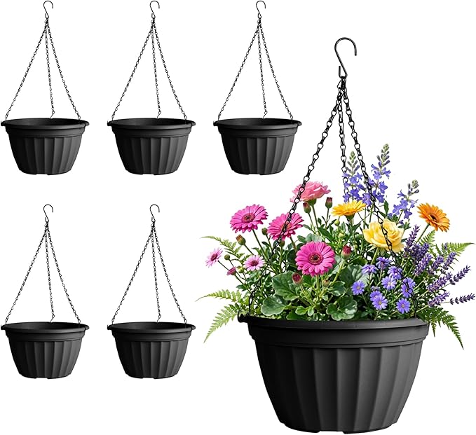 FGstyle 6 Pack Hanging Planters 8 Inch, Self Watering Pots for Indoor Plants, Plastic Hanging Basket with Soil Elevator and 20" Chain for Home Garden Porch Balcony Patio Decor (Black)