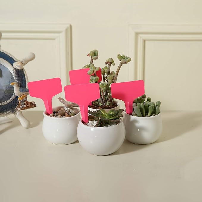 100 Pcs T-Type Plant Labels with a Gel Pen, Waterproof Nursery Plant Tags Plastic Garden Markers, Pink, 6 x 10cm