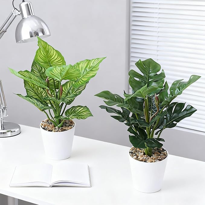 2PCS 12.2" Tall Artificial Monstera Plants for Office, Fake Plants Artificial Potted Plant Bathroom Decor Indoor Faux Tropical Plant Realistic Artificials for Home Office Table Bathroom Shelf Desktop